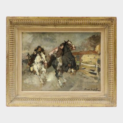 painting by Alessio Issupoff depicting horse race with riders on galopping horses