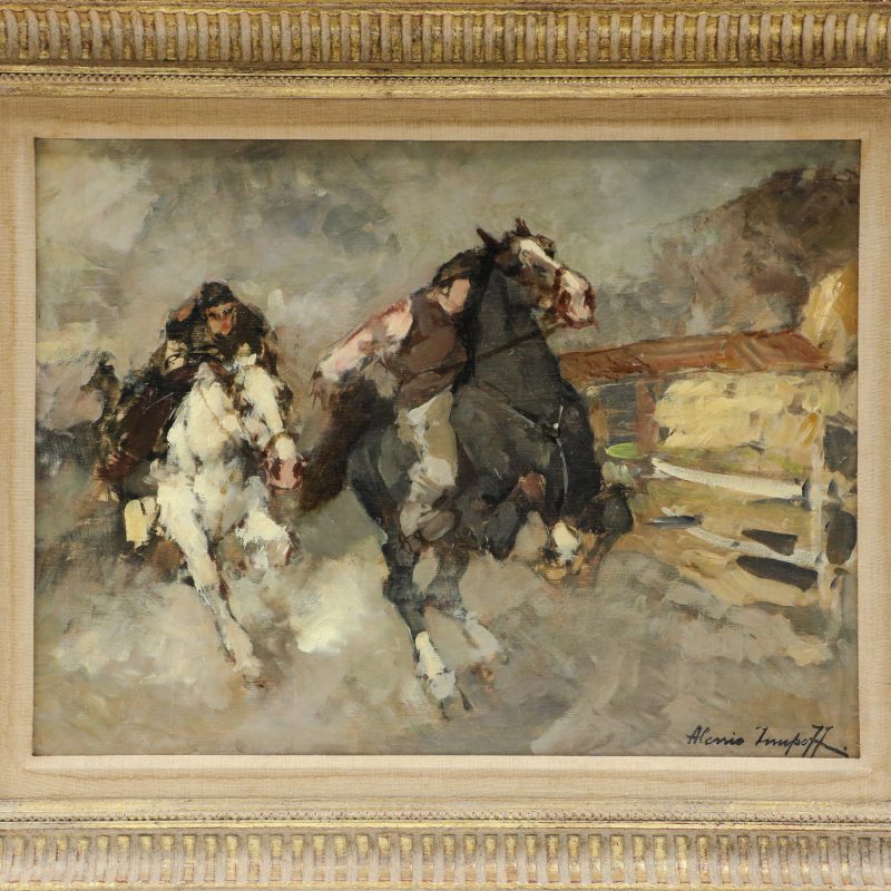 close-up of painting by Alessio Issupoff depicting horse race with riders on galopping horses