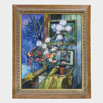 American oil painting by David Burliuk depicting flowers in vase and in flower pot on table by window