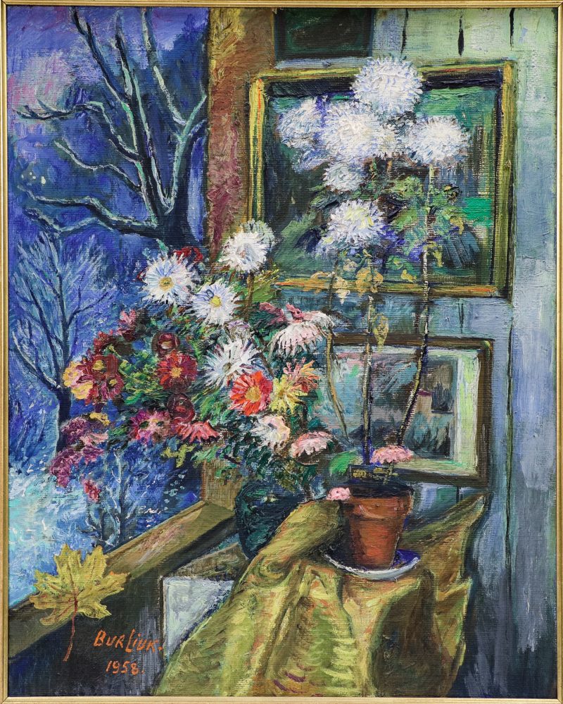 close-up of American oil painting by David Burliuk depicting flowers in vase and in flower pot on table by window