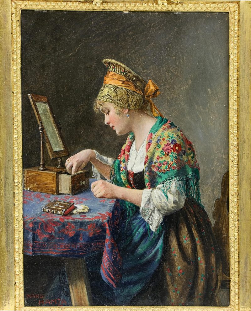 close-up of Austrian painting by Hans Hamza depicting girl sitting at dressing table in front of mirror