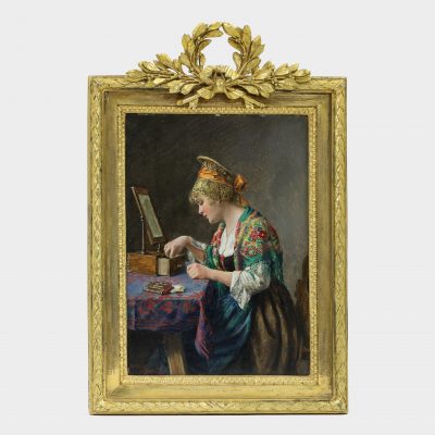 painting by Hans Hamza depicting girl sitting at dressing table in front of mirror