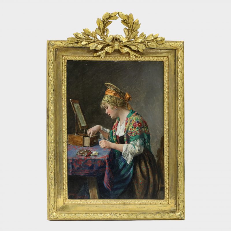 painting by Hans Hamza depicting girl sitting at dressing table in front of mirror