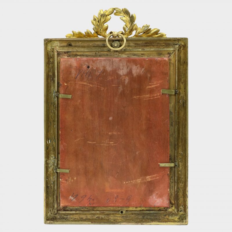 back of oil on board painting mounted in gilt-wood bronze frame with crest on top