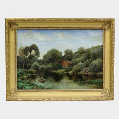 American oil painting by Henry Pember Smith depicting man in small boat fishing on pond in front of house surrounded by trees