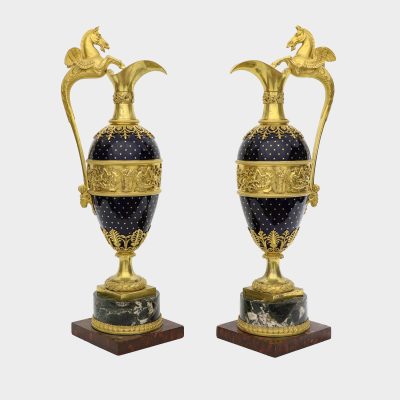 Pair of ewers, probably Russian, ovoid body enameled with stars, with Pegasus-formed ormolu handles