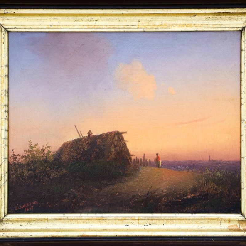 close-up of Russian oil painting by Aleksander Ivanov depicting mounted rider next to house with sunset in background