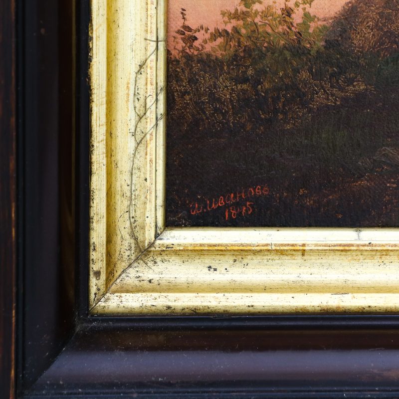 close-up of signature and date on painting by Aleksander Ivanov depicting rider next to house with sunset in background