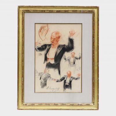 drawing by Aleksander Yakovlev depicting Sergei Koussevitsky conducting Boston Symphony Orchestra