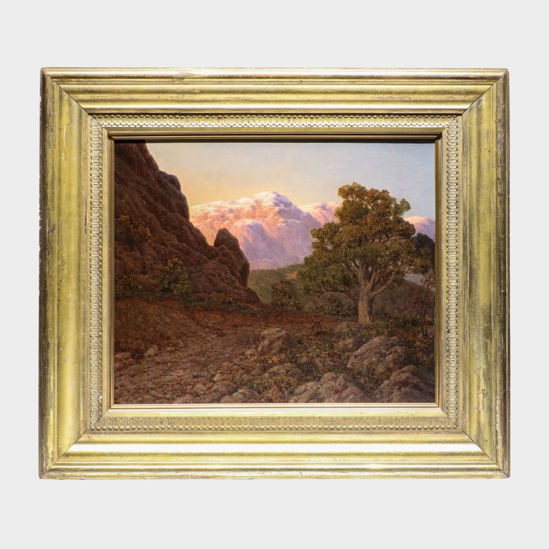 Russian oil painting by Ivan Choultse depicting rocky landscape with mountains in the back