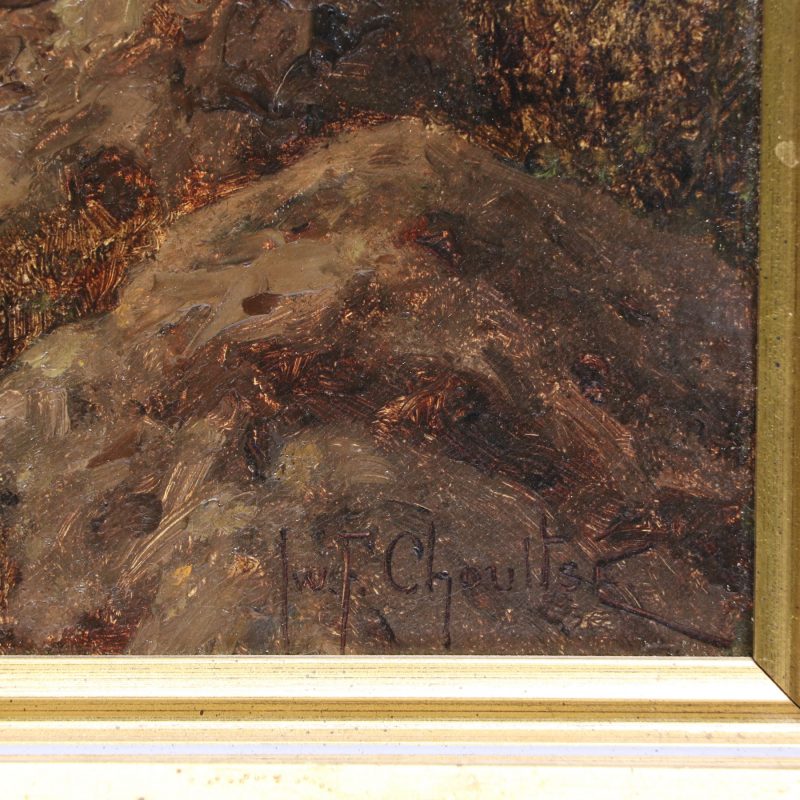 close-up of signature on Russian oil painting by Ivan Choultse depicting rocky landscape with mountains in the bac