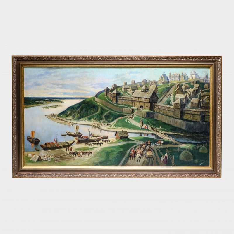 oil painting by Konstantin Kuznetsov depicting Russian village on bank of river
