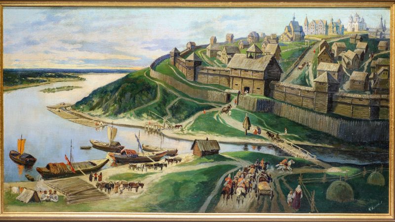 close-up of oil painting by Konstantin Kuznetsov depicting Russian village on bank of river