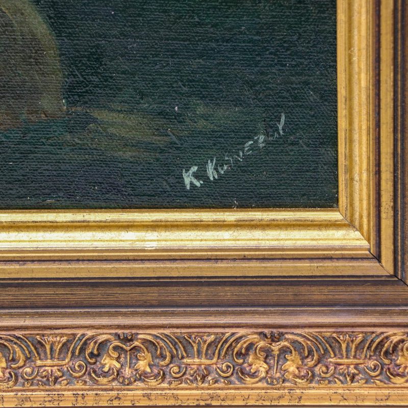 close-up of signature on oil painting by Konstantin Kuznetsov depicting Russian village on bank of river