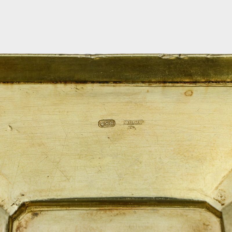 close-up of hallmarks on lid from Russian enamel box