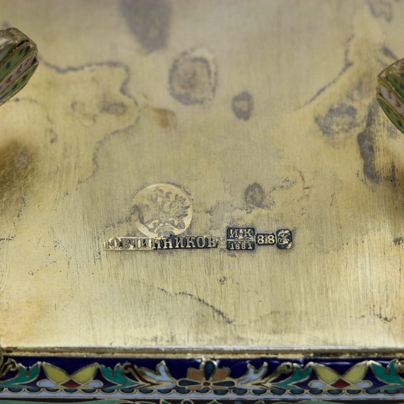 close-up of hallmarks on Russian enamel box by Pavel Ovchinnikov
