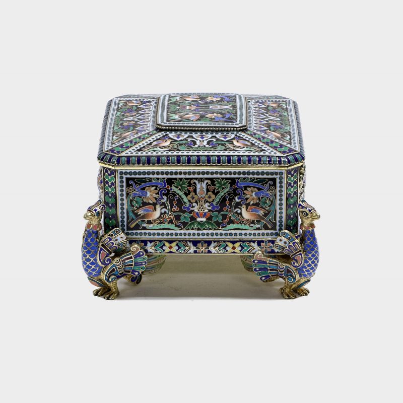 left side of Russian silver and champleve enamel box by Pavel Ovchinnikov on four figural enameled feet shaped as peacocks