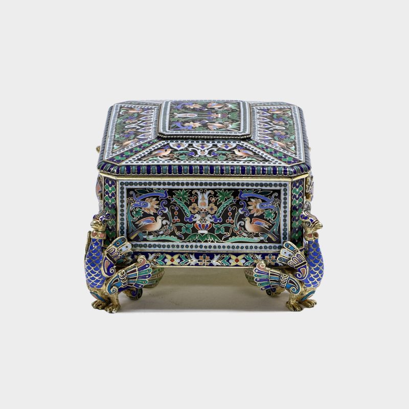 right side of Russian silver and champleve enamel box by Pavel Ovchinnikov on four figural enameled feet shaped as peacocks