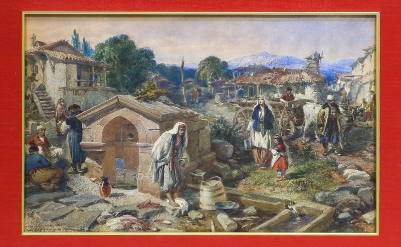 close-up of watercolor and pencil by William Simpson depicting people in street of tatar village in Crimea