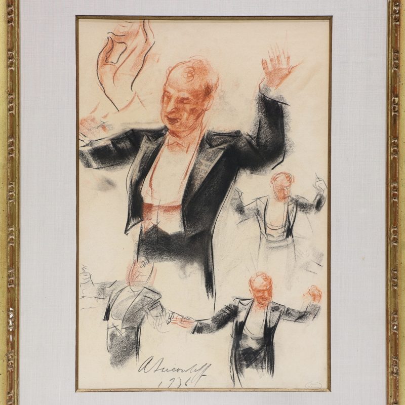 close-up of drawing by Aleksander Yakovlev depicting Sergei Koussevitsky conducting Boston Symphony Orchestra