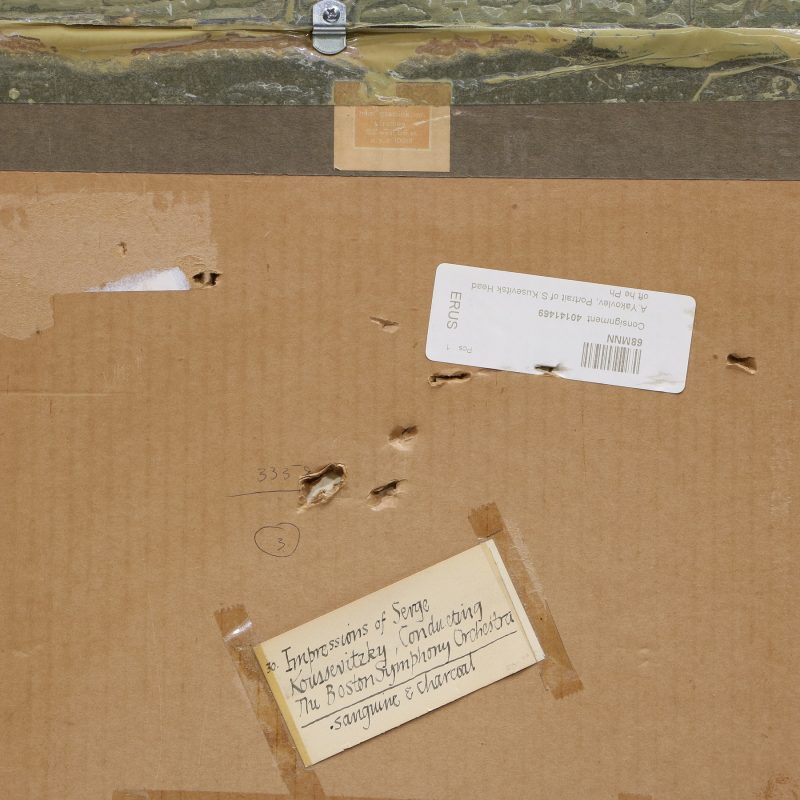 close-up of gallery and auction stickers on back of drawing by Aleksander Yakovlev