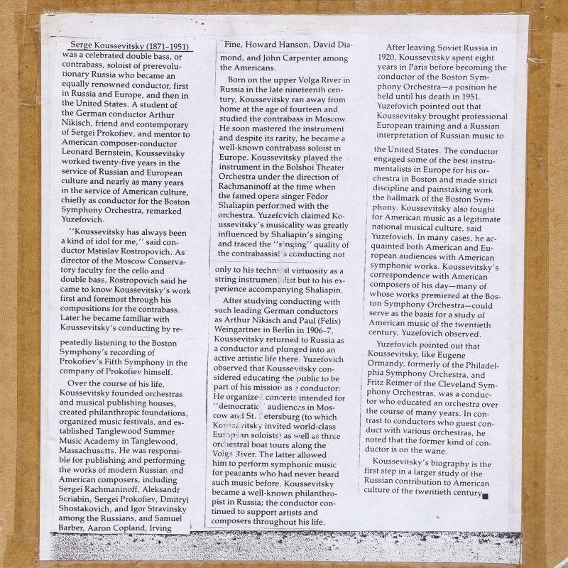close-up of printout of Sergei Koussevitsky's biography attached to back of drawing