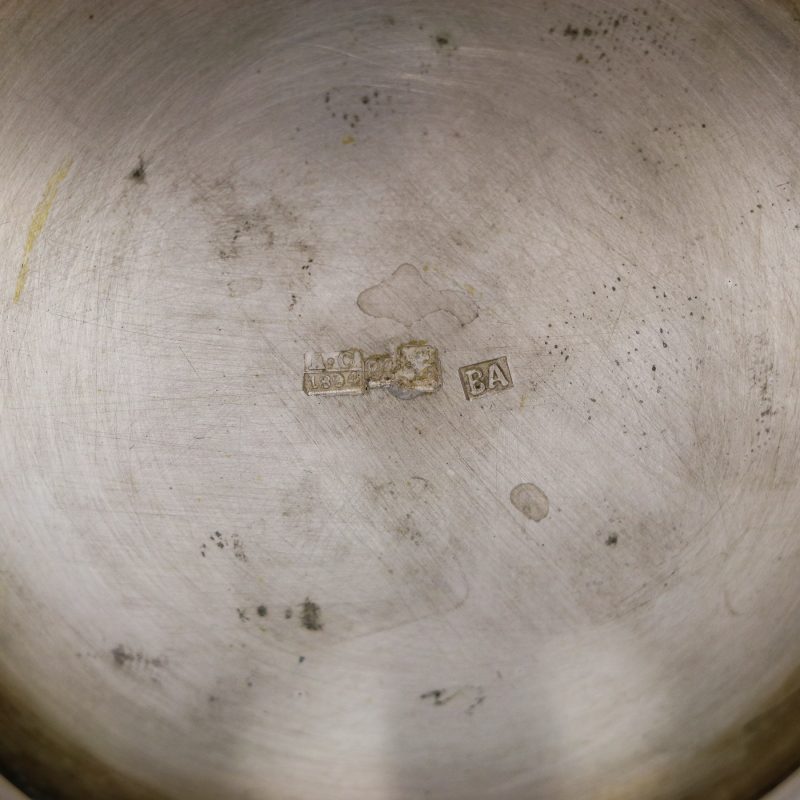 close-up of hallmarks on bottom of antique bowl