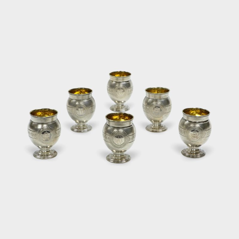 six antique Russian silver cups with matte finish surface and engraved number 25 and initials VOD in Cyrillic