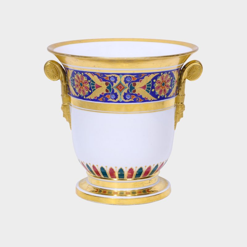 Russian porcelain wine cooler with gilt scroll handles, decorated with red, green and gilt geometric patterns on blue ground