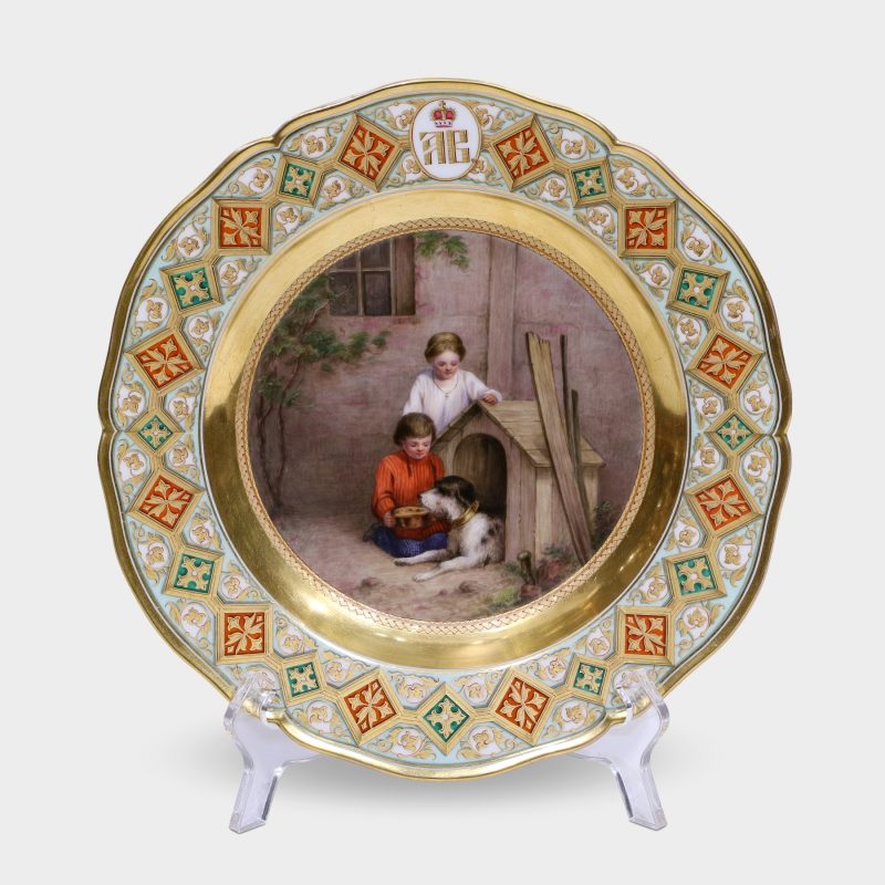 KPM porcelain plate from service of Russian Grand Duke Andrei Vladimirovich depicting two kids feeding dog