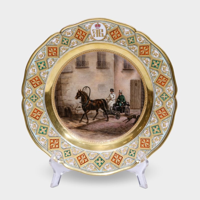 KPM porcelain plate depicting gentleman riding in carriage from service of Russian Grand Duke Andrei Vladimirovich