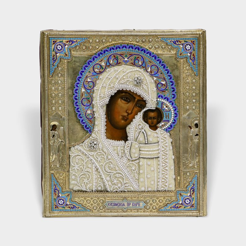 Antique Russian icon of Kazan Mother of God in silver-gilt and enamel riza by Petr Milyukov