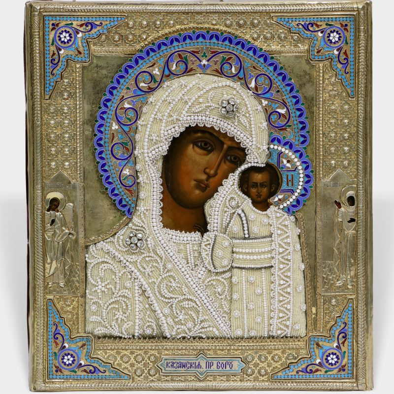 close-up of Antique Russian icon of Kazan Mother of God in silver-gilt and enamel riza by Petr Milyukov