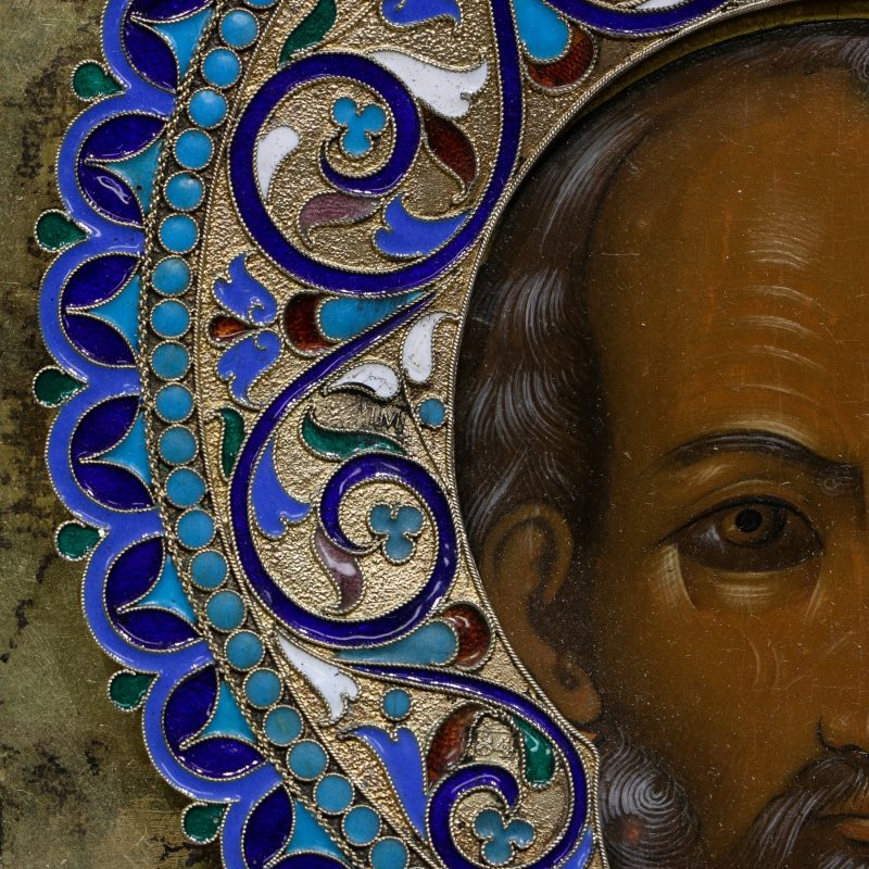 hallmarks on halo of Antique Russian icon of St. Nicholas in silver-gilt Riza with enamel corners by Petr Milyukov